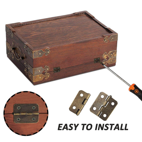 Mini 18x15mm Hinges Set For Wooden Jewelry Boxes And Cabinets With 50 Hinges And 200 Screws visible on a vintage wooden box