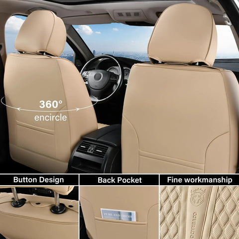 Universal Car Seat Covers Full Set With Nappa Leather Look Waterproof Seat Protector for front seat showing back pocket and stitching