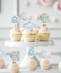 Adventure Awaits Hot Air Balloon Cupcake Toppers 36 Piece Set with blue clouds on cupcakes, party decoration for boys and girls