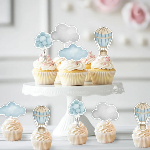 Adventure Awaits Hot Air Balloon Cupcake Toppers 36 Piece Set with blue clouds on cupcakes, party decoration for boys and girls