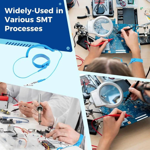 Sixteen Pack Anti Static Wrist Straps With Ground Wire And Adjustable Cords For Electronics ESD Protection in use on SMT line