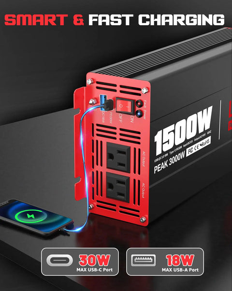 3000W Power Inverter Dc 12V To Ac 120V With Four Outlets Quick Charge Usb Ports Lcd Display showing USB-C and USB-A output ports.