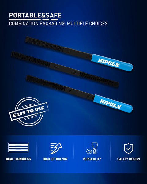 Front view of HIPULX three-piece thread file set with black alloy steel blades and blue ergonomic handles
