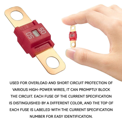Top Shelf 3 Pack Midi Fuse 50 Amp Bolt On High Current Terminal, red fuse with gold connectors held between fingers.