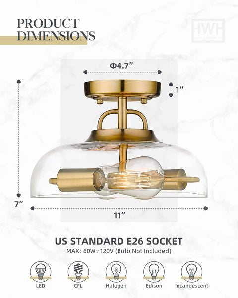 Chic Semi-Flush Ceiling Light With Clear Glass Shade And Brushed Gold Finish Two-Light Fixture, US standard E26 socket