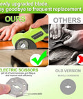 Close-up of Professional Grade 3.6V Cordless Electric Scissors And Cardboard Cutter with upgraded blade cutting leather.
