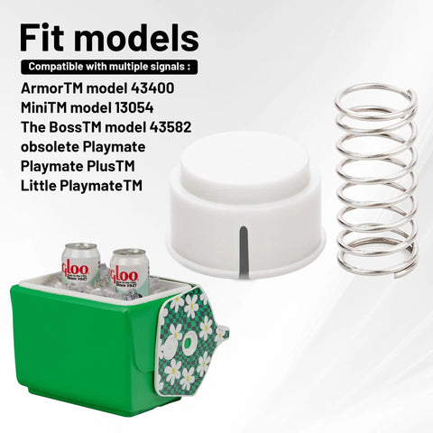 Cooler Lid Push Button Repair Kit With Springs Set 4 Pack Replacement Buttons And Springs For Playmate Style Coolers shown with green cooler and models