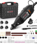 Front view: GOXAWEE rotary tool kit with 140pc accessories, black handheld drill and carrying case