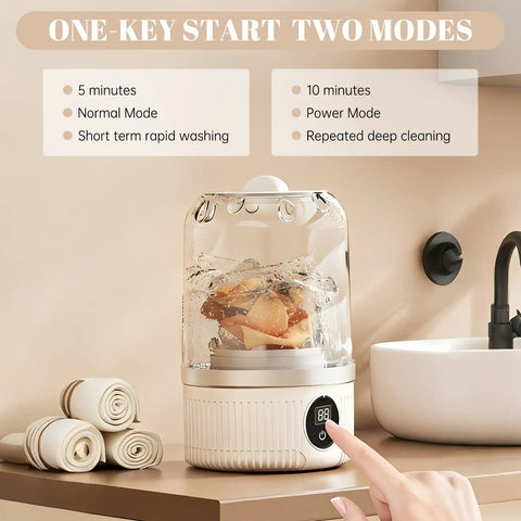 Sleek Mini Portable Washing Machine With Bright Digital Screen And Cordless Battery For Hella Fast Loads Designed For Lazy Dorm Days And Smooth Hotel Stops Keeps Your Threads Looking Fresh, showcasing two washing modes.