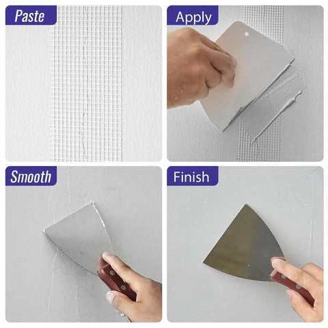 Using 2 Inch By 100 Foot Fiberglass Drywall Repair Tape Self Adhesive Joint Tape for wall patching in step-by-step process.