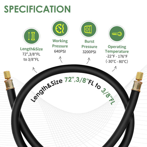 Half Inch HVAC Vacuum Hose With Three Eighths Inch Fittings Six Feet Long High Flow Refrigerant Evacuation Line specification chart