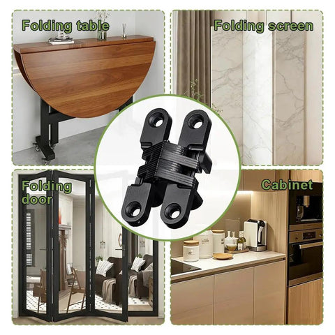 8 Pack Professional Grade Rock Solid Invisible Hidden Door Hinges With 180 Degree Full Swing For Secret Door And Concealed Cabinet Setup Featuring Smooth Operation displayed with various furniture uses.