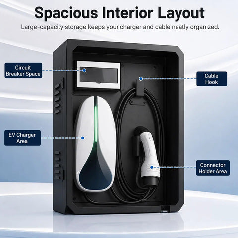 Heavy Duty Outdoor EV Charger Enclosure Built Tough Cold Rolled Steel Electrical Box with organized storage for charger and cables.