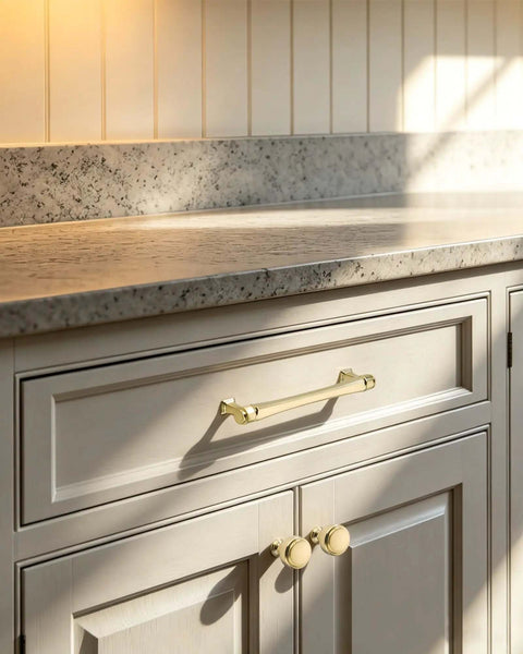 10 Pack Brushed Gold Cabinet Pulls, 7.5 Inch Center To Center Zinc Alloy Handles installed on kitchen cabinets