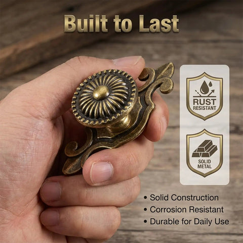 Hand holding 12 Pack Brass Cabinet Knobs With Backplates Antique Vintage Retro Style, highlighting rust-resistant and solid metal features.