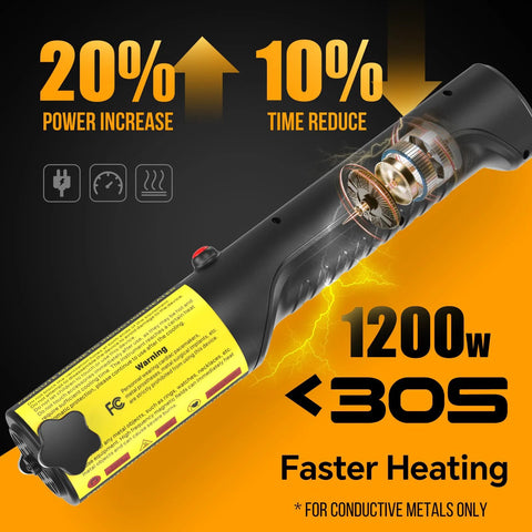 Induction heater 1200W, yellow and black handheld bolt-removal tool with six coils (Amazon)