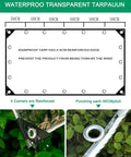 Image of Beefed-Up Heavy Duty 14Mil Clear Tarp 3x6ft With Grommets Waterproof All-Weather Tear-Resistant Reinforced Edge, dimensions and reinforced corners details.