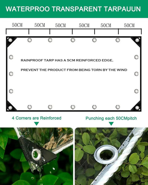 Image of Beefed-Up Heavy Duty 14Mil Clear Tarp 3x6ft With Grommets Waterproof All-Weather Tear-Resistant Reinforced Edge, dimensions and reinforced corners details.