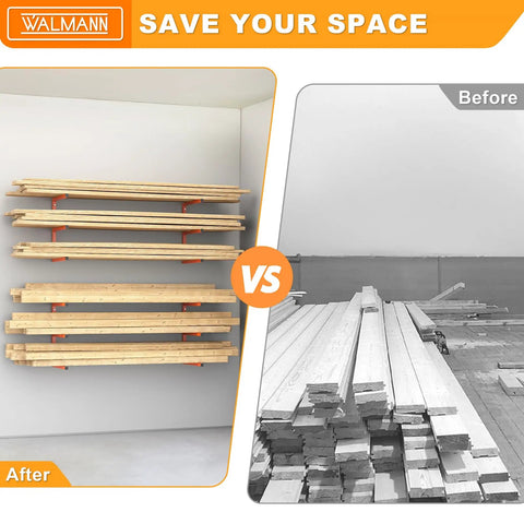 Garage Wall Mounted Lumber Storage Rack For Woodworking Shop Overhead Heavy Duty One Piece Design Keeps Lumber Off The Floor And Neatly Organized Space Saving Solution For A Pair Of Racks showing before and after installation comparison.