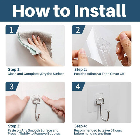 Step by step installation of Ten Pack All Purpose Heavy Duty Adhesive Hooks For Hanging Up To 37 Pounds Rustproof Nano Gel Pads
