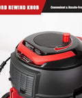 Cord rewind knob on corded canister vacuum with bag, 3 gallon capacity, 26 foot cord, one and a quarter inch hose