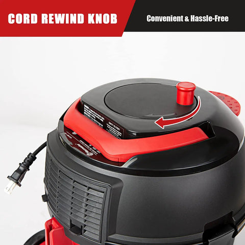 Cord rewind knob on corded canister vacuum with bag, 3 gallon capacity, 26 foot cord, one and a quarter inch hose