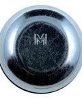 Silver Wheel Dust Cap For Daily Drivers, two inch outside diameter hub cover showing shiny surface and M logo.