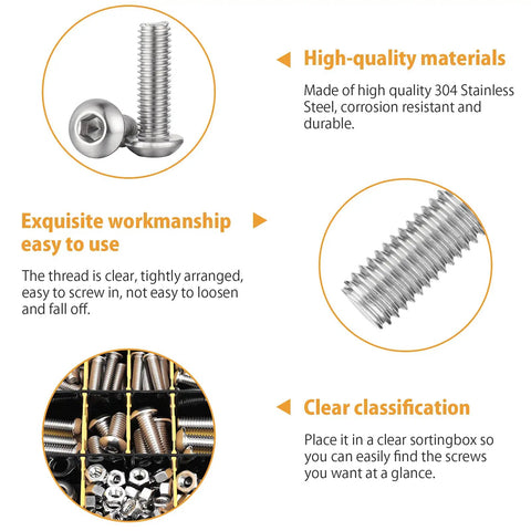 Close-up of screws and nuts from the 197Piece SAE Hex Button Head Screw Set With 1/4-20 5/16-18 3/8-16 Bolts, Washers And Nuts, 304 Stainless Steel