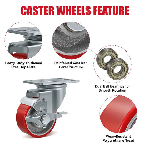 3 Inch Tough As Nails Industrial Heavy Duty Caster Set Of 4 With Polyurethane On Cast Iron Wheels, 2 Brakes And 2 Rigid, 1400 Lbs Capacity for Cart, Workbench, Toolbox And Equipment. Features include reinforced cast iron core and wear-resistant polyurethane tread.