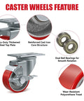 Close-up of Three Inch Heavy Duty Casters Set Of Four Featuring Polyurethane Tread On Cast Iron Core, showing dual ball bearings and steel top plate.