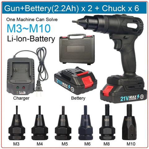 21V Brushless Electric Blind Rivet Nut Tool Featuring Rechargeable Battery Pack, Plug And Play Automatic Ram Gun with charger and attachments.