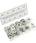 MCMASKE stainless steel flat washers assortment kit in clear plastic organizer; 304 stainless, sizes #2–#12 and 1/4–7/16 inches.