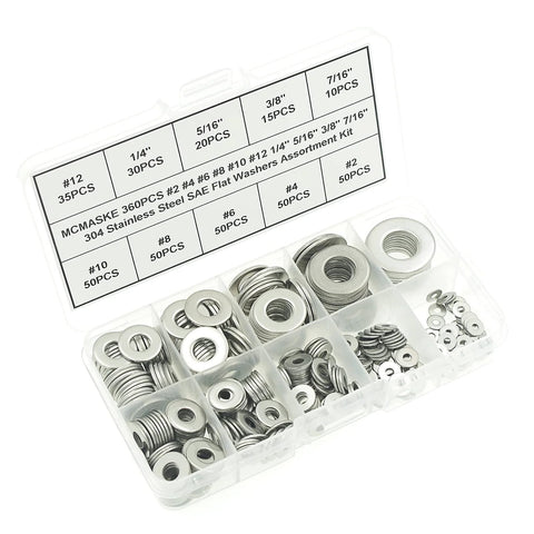 MCMASKE stainless steel flat washers assortment kit in clear plastic organizer; 304 stainless, sizes #2–#12 and 1/4–7/16 inches.