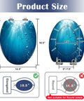 Elongated Blue ocean waves from underwater bubbles Toilet Seat showing product dimensions and installation details.