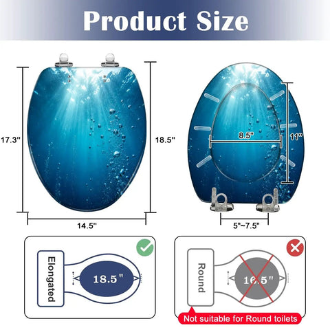 Elongated Blue ocean waves from underwater bubbles Toilet Seat showing product dimensions and installation details.