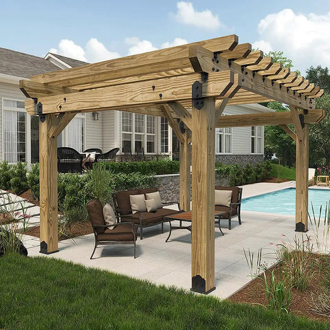 8x8 Post Base Kit For Pergolas And Decks With Decorative Plates, Hex Cap Nuts, OWT Timber Screws, And Galvanized Steel Construction in use