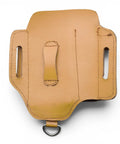 Back view of Leather Multitool Sheath EDC Belt Organizer For Flashlight And Tools with tan leather and belt clip