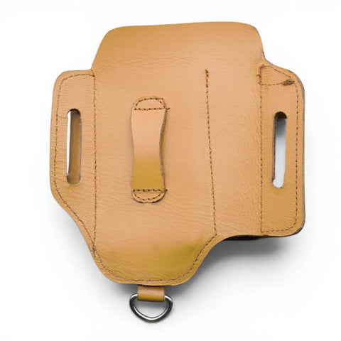 Back view of Leather Multitool Sheath EDC Belt Organizer For Flashlight And Tools with tan leather and belt clip