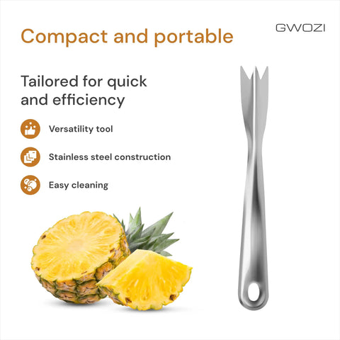 Pro Grade Stainless Steel Pineapple Eye Remover Tool Set Of 4 With V Shape Design next to sliced pineapple. Compact kitchen tool.