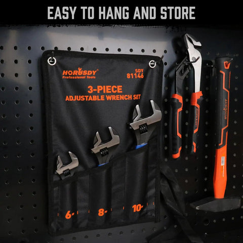 Go-To Three Piece Adjustable Wrench Set With 6, 8, 10 Inch Wide Jaw Wrenches In Black Oxide Cr-V Steel With Metric And SAE Scales hanging on a pegboard