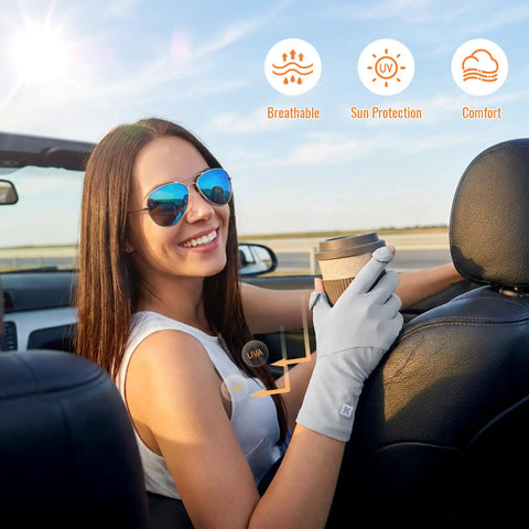 Woman driving in sunlight wearing Full Finger UV Protection Driving Gloves For Women, Breathable Touchscreen UPF 50 Sun Blocking Gloves In Soft Beige
