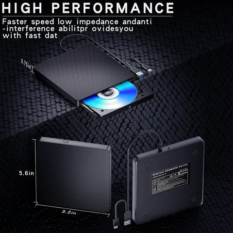 External Blu Ray Drive Reader And Burner With USB 3.0 And Type C Fast 6X BD DVD CD Read Write Supports Blu Ray BD R BD RE And DVDs Plug And Play For PC Windows Seven Through Eleven Black, 5.6in carbon fiber design