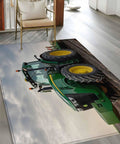 3x5 Machine Washable Farmhouse Rug For Living Room And Bedroom With Green Tractor Farm Decor displayed in a cozy setting.
