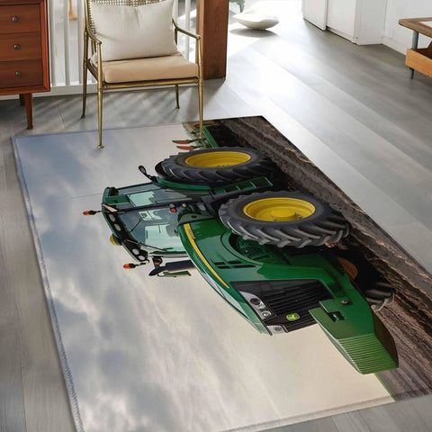 3x5 Machine Washable Farmhouse Rug For Living Room And Bedroom With Green Tractor Farm Decor displayed in a cozy setting.