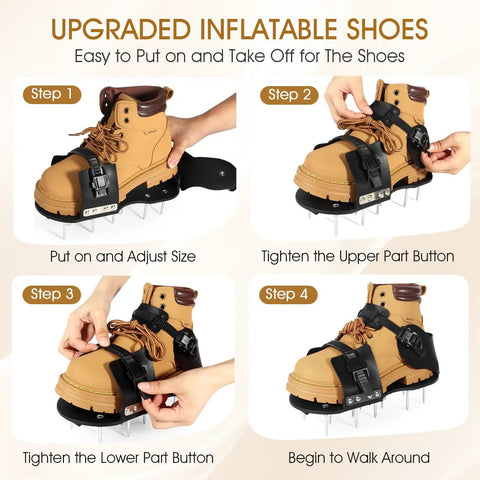 Four steps showing how to wear Lawn Aerator Shoes With Spikes For Grass 5mm Metal Base Adjustable Straps for yard work.