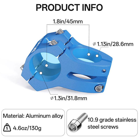31.8mm MTB Bike Stem 45mm Short Reach Built Tough In CNC 6061 T6 Aluminum Anodized Blue With Sandblasted Matte Finish Corrosion Resistant