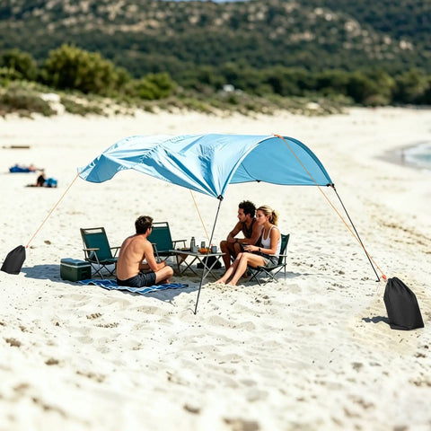 Three Pack Beach Shade Accessories Kit with nylon ropes and ratchet pulleys in use on a sandy beach with people relaxing underneath.