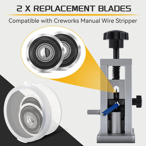 Slick Two Piece Cable Stripper Blade Replacement Kit For Fast Copper Wire Insulation Removal 1.3 Inch OD By 0.3 Inch ID showing two steel blades and manual wire stripper.