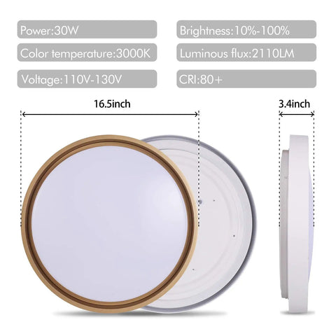 LED Flush Mount Ceiling Light 3000K Warm White, 2110 Lumens, 30W 16.5 Inch Round Modern Fixture side and front view