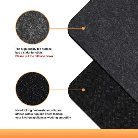Close-up of Two Pack Heat Resistant Air Fryer Mat Set 15 By 18 Inches Each With 2 In 1 Sliding Caddy showing felt surface and non-slip silicone strips.